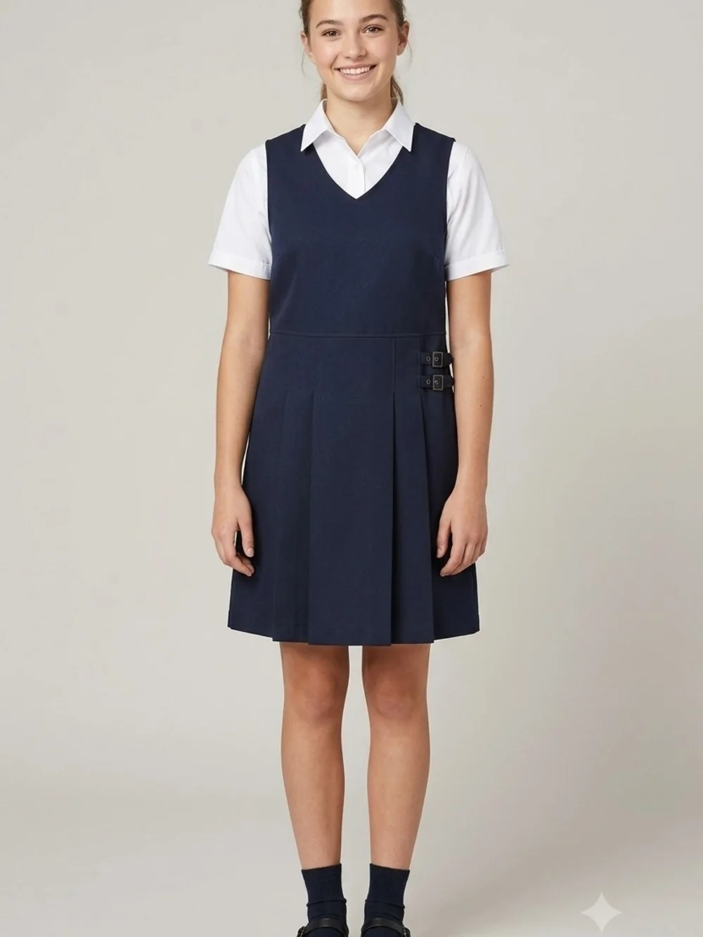 French Toast Navy V-Neck School Uniform Jumper with Side Pleats & Buckles 18.5